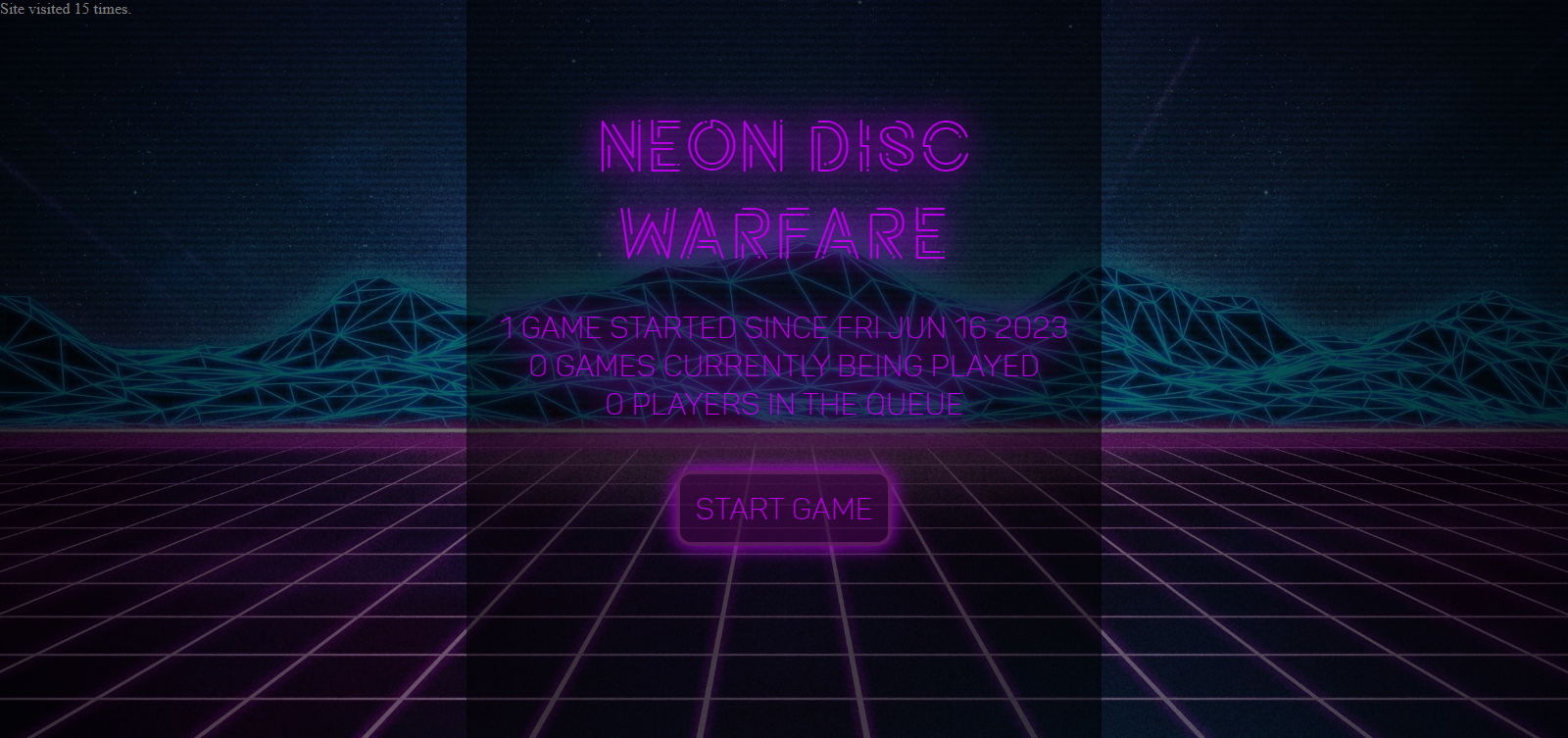 Splashscreen of the Neon Disc Warfare game, showing the title of the game, some game metrics, and a "start game" button