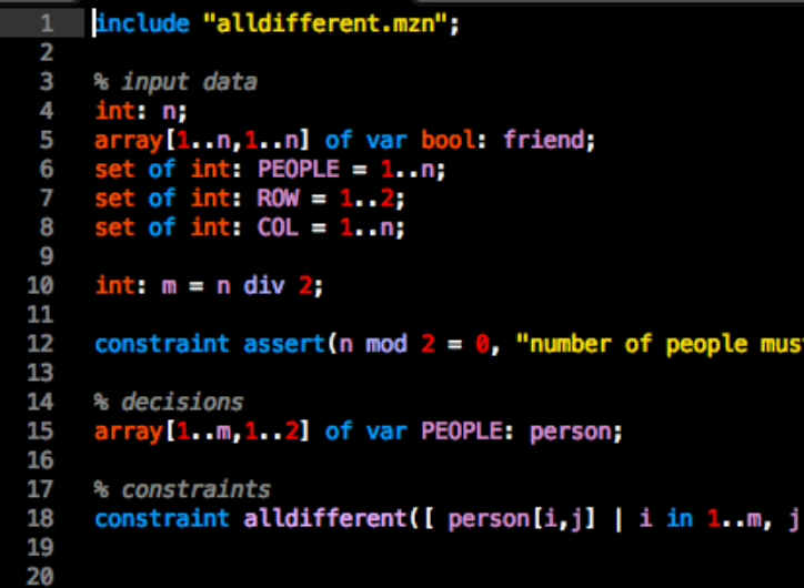 Screenshot of MiniZinc code